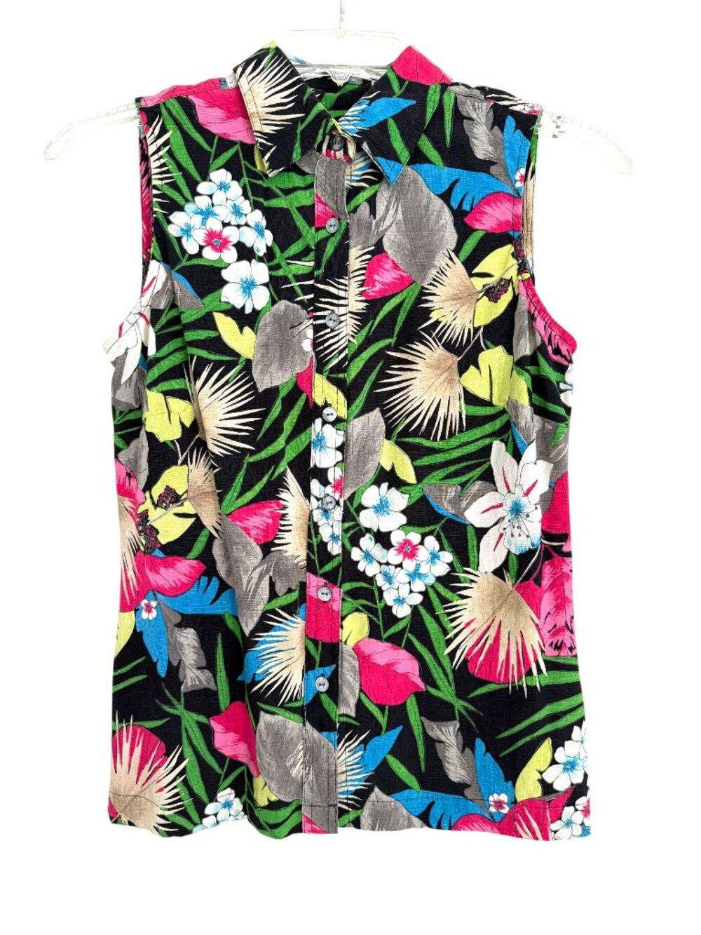 IZOD 100% Silk Blouse Top Hawaiian Tropical Print Sleeveless Button Front Size 2